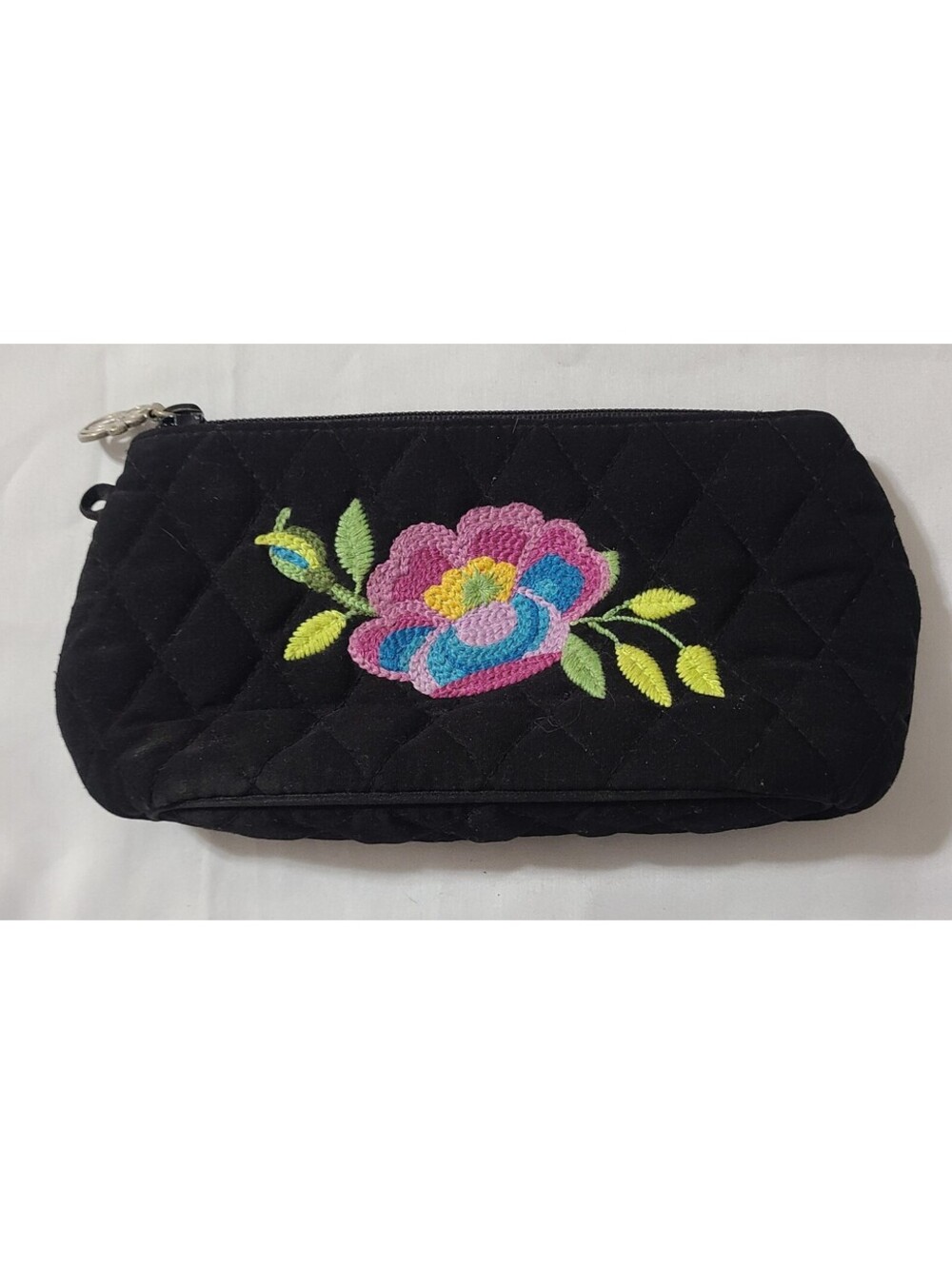 Vera Bradley Adele Quilted Wristlet Sz Small Black Embroidered Floral Motif EUC